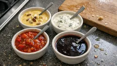4 sauces rapides pour pierrade (ou fondue bourguignonne) : curry, roquefort, mexicaine, vin rouge