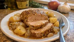 Rôti de longe de porc fondant à la mijoteuse, pommes de terre et oignons