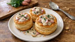 Garniture pour bouchées à la reine : sauce crémeuse au vin blanc, jambon et champignons