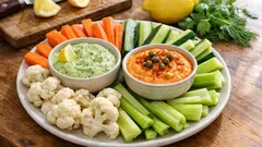 Plateau de crudités croquantes : 2 sauces au yaourt grec (herbes & paprika)